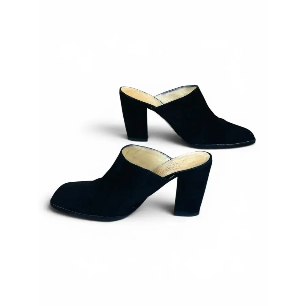 Chanel Vintage CC Logo Black Suede Block Heel Mules 35.5 Square Toe Slides Italy